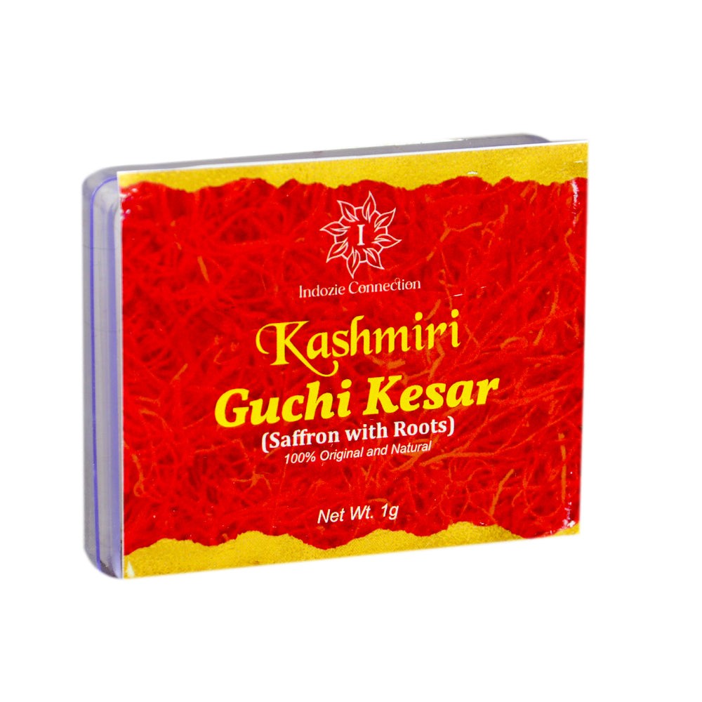 Premium Kashmiri Guchi Saffron with Roots โ Front View of Elegant Packaging, showcasing rich red saffron threads