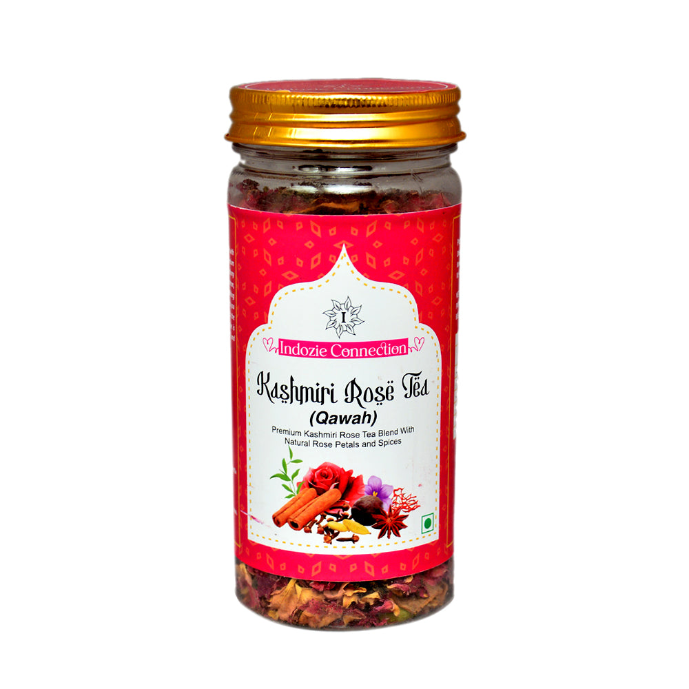 Shahi Kashmiri Kahwa (Whole Leaf) โ Front view of the premium packaging showcasing the blend of whole-leaf green tea, saffron, rose petals, and other aromatic spices