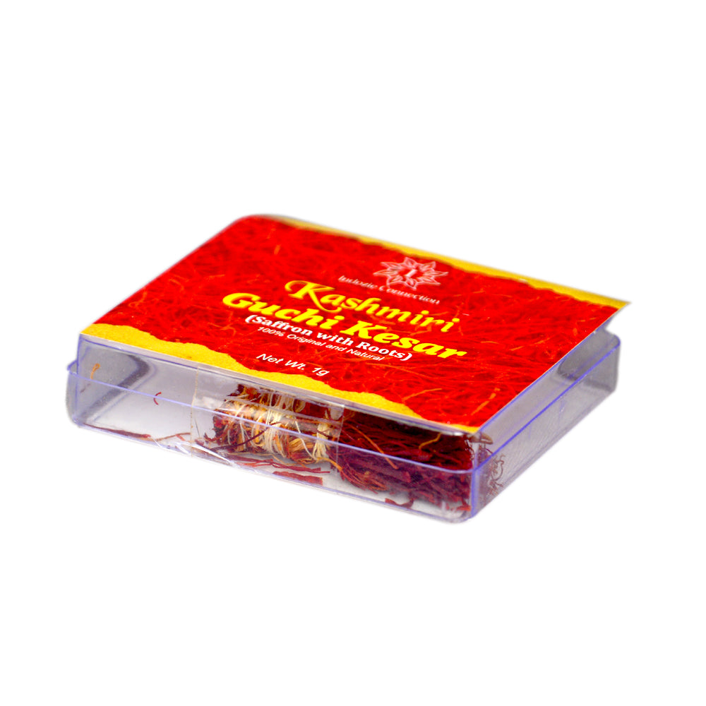 Authentic Kashmiri Guchi Saffron with Roots โ Side View of the Packet/Box with vibrant, fresh saffron threads and roots