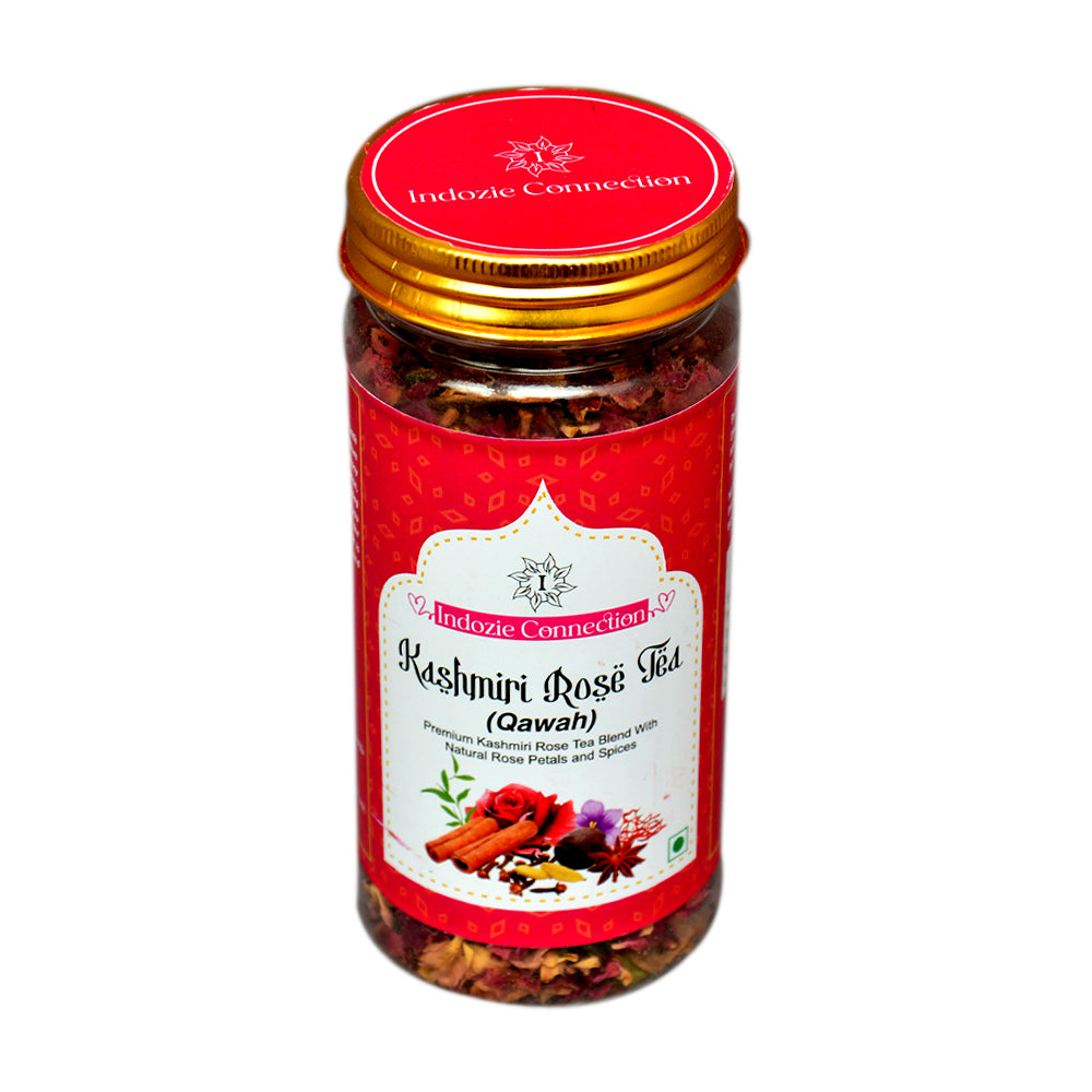 Shahi Kashmiri Kahwa (Whole Leaf) โ Top view of the packaging highlighting the whole-leaf tea blend with fragrant spices like cardamom, cinnamon, and saffron